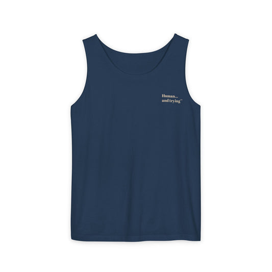 Tank Top — "Human First" Minimalist Navy Graphic Tank