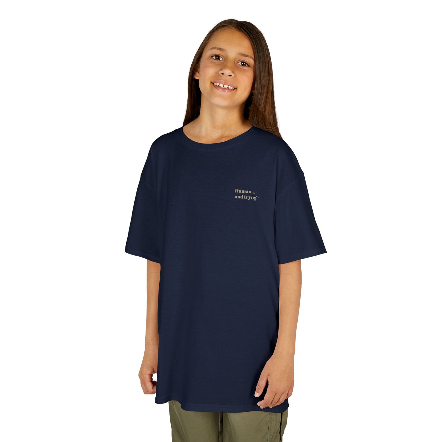 Kids Tee — "Human...and trying" Believe. Try. Repeat. Minimalist Navy Graphic