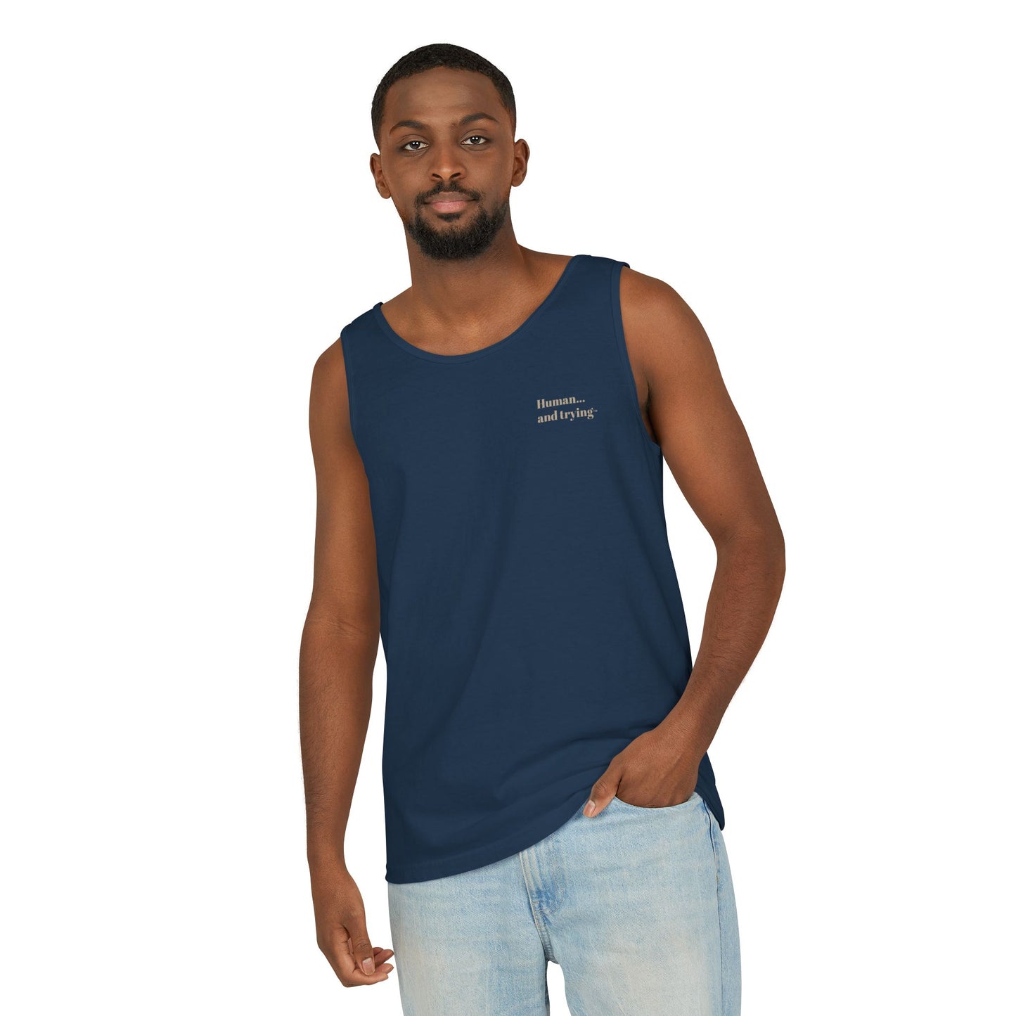 Tank Top — "Human First" Minimalist Navy Graphic Tank