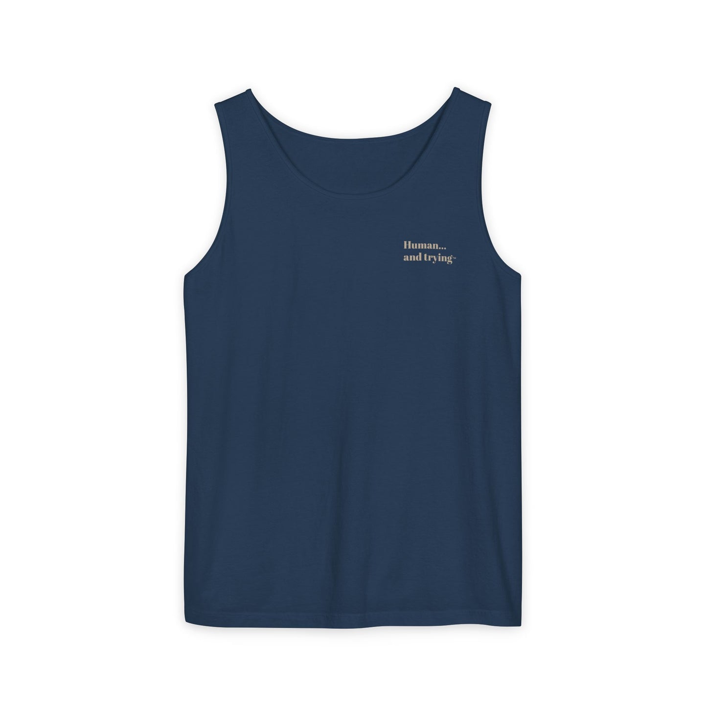 Tank Top — "Human First" Minimalist Navy Graphic Tank