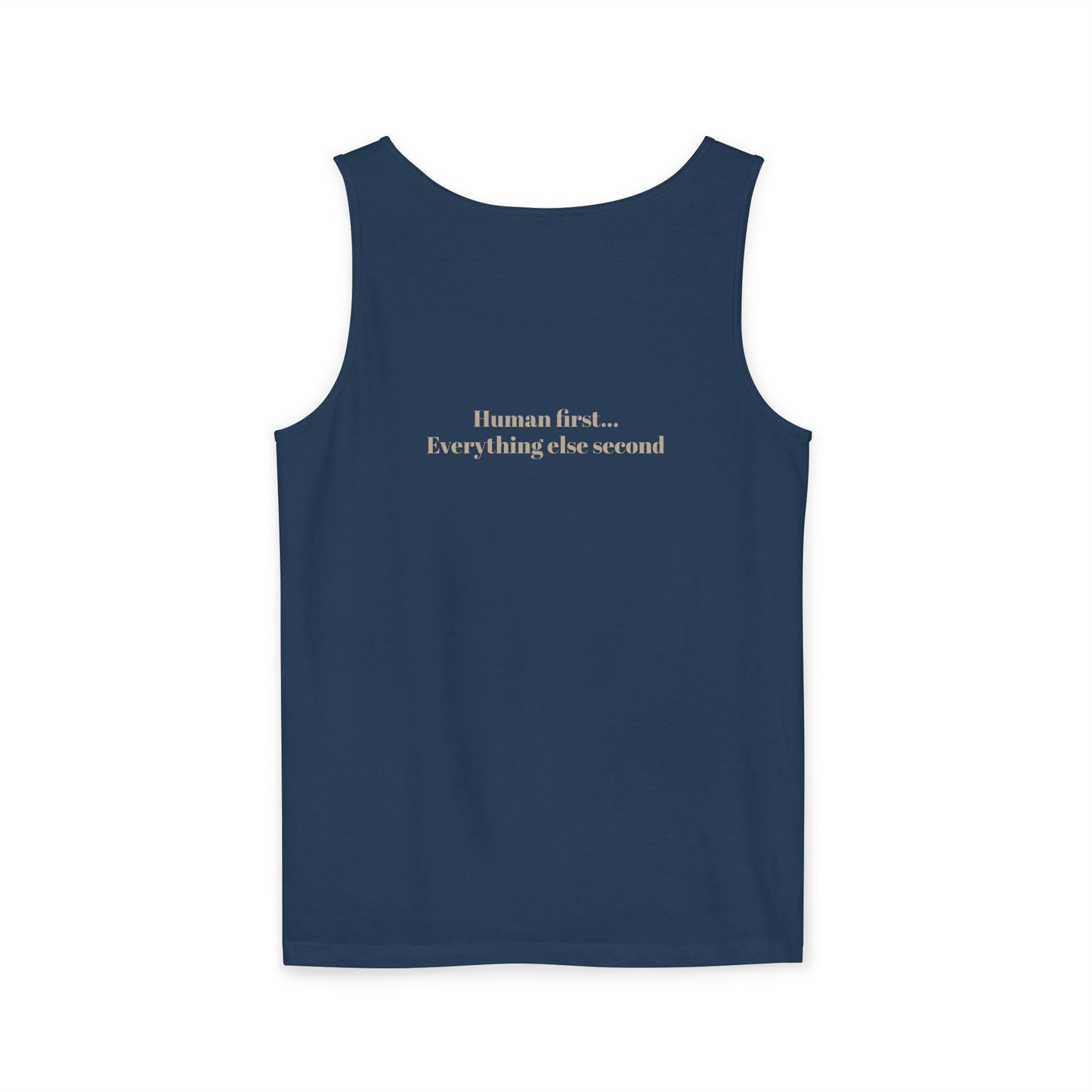 Tank Top — "Human First" Minimalist Navy Graphic Tank