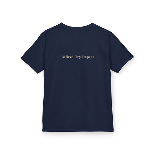 Kids Tee — "Human...and trying" Believe. Try. Repeat.  Minimalist Navy Graphic