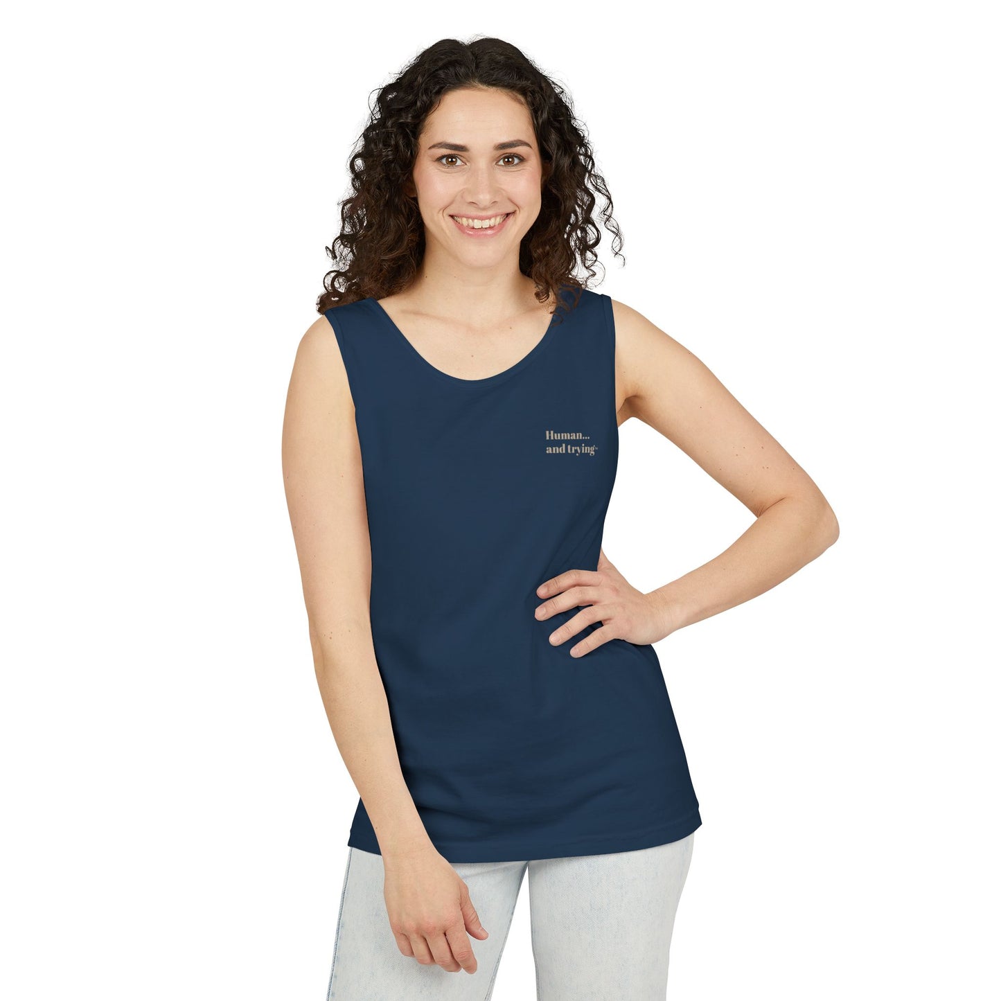 Tank Top — "Human First" Minimalist Navy Graphic Tank