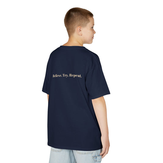 Kids Tee — "Human...and trying" Believe. Try. Repeat.  Minimalist Navy Graphic