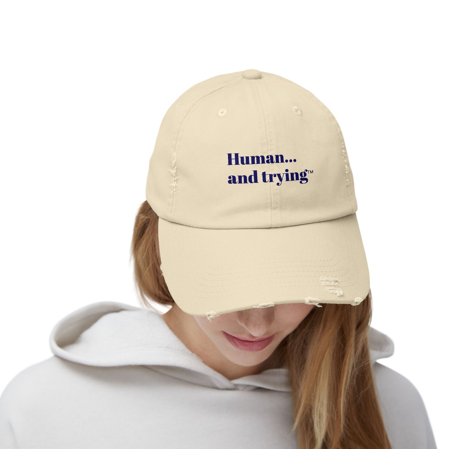 Unisex Distressed Cap with "Human... and trying" Design | Casual Everyday Hat, Gift for Self-Care, Relaxed Fashion Accessories, [...]