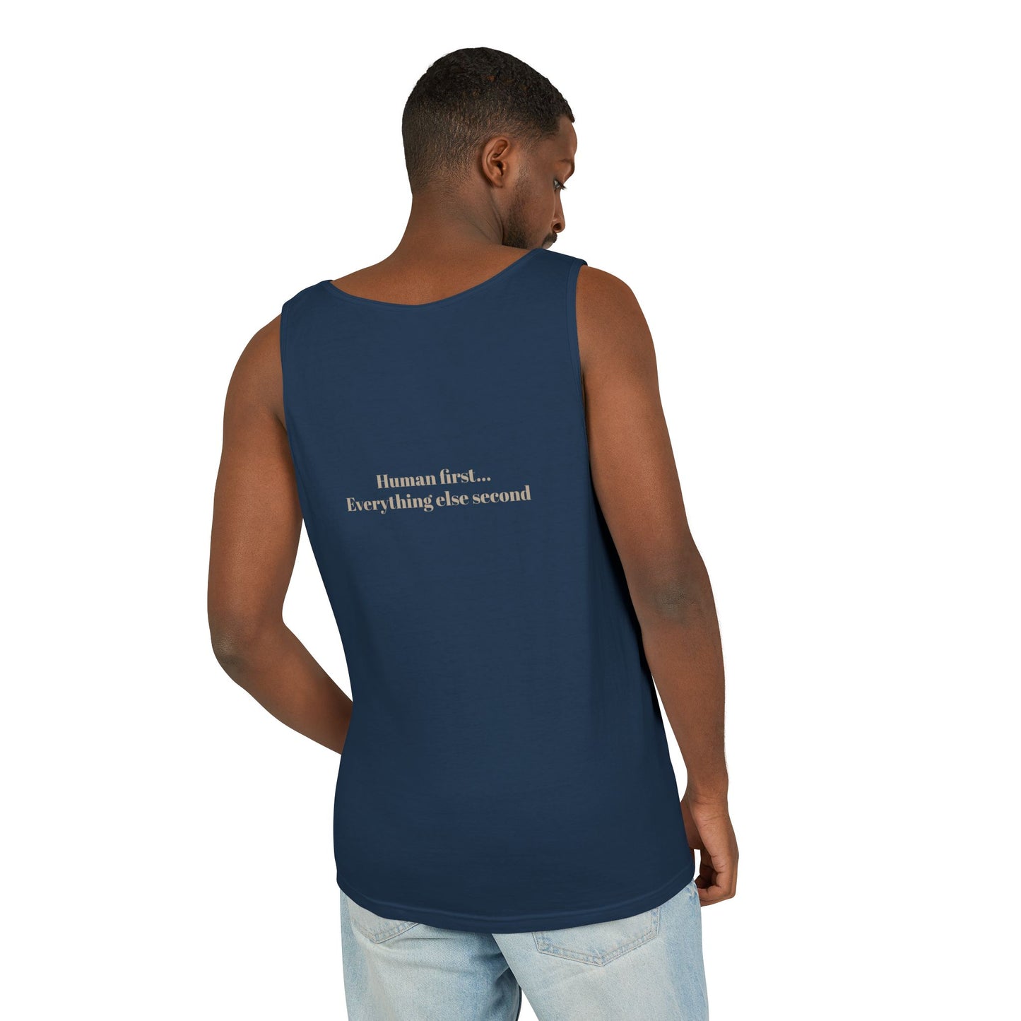 Tank Top — "Human First" Minimalist Navy Graphic Tank