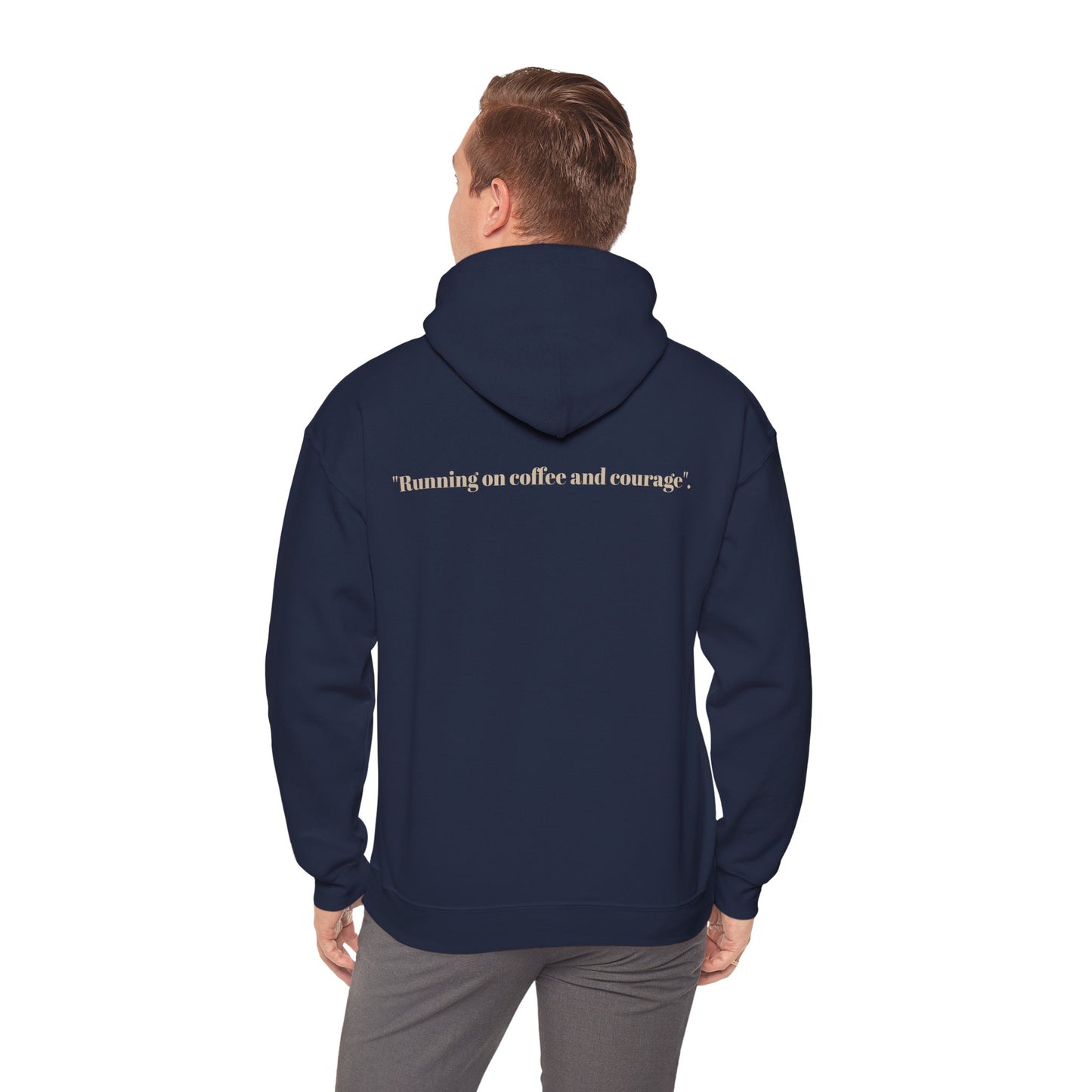 Unisex Heavy Blend™ Hooded Sweatshirt, "Running on coffee and courage"